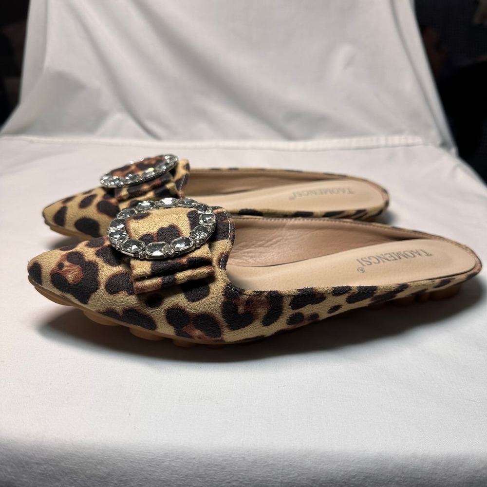 Taomengsi‎ Cheetah Print Mule Flats with Decorative Rhinestone Broach